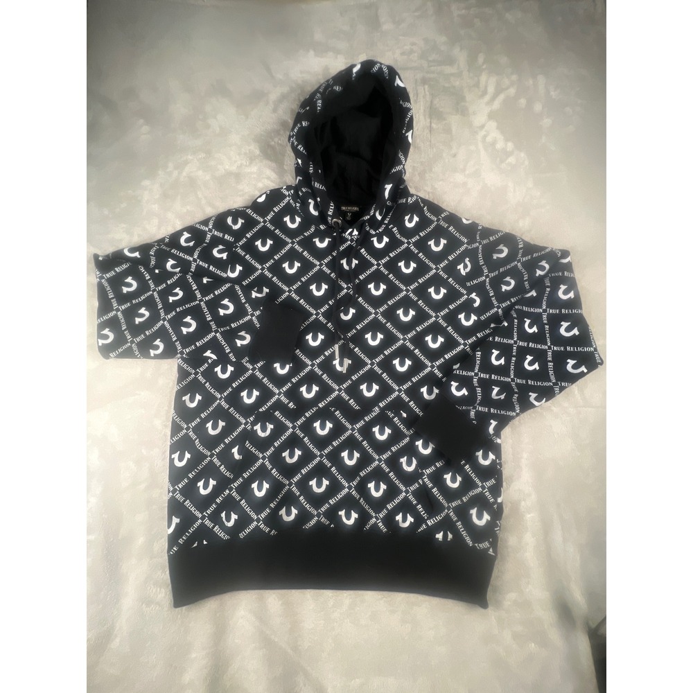 True‎ Religion Mens Black White All Over Logo Print Pullover Hoodie Size Large